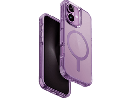 Une coque de téléphone violette sur fond noir. Le téléphone est dans la coque.