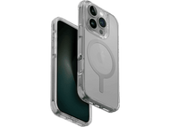 Deux téléphones dans des étuis transparents, montrant le dos et le côté du téléphone. L'étui transparent révèle le téléphone.