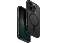 Coque noire avec dos transparent, téléphone à l'intérieur. Un anneau MagSafe est visible.