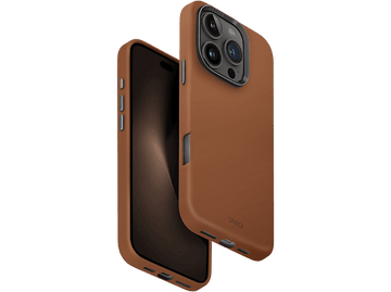 Un étui de téléphone en cuir marron, ouvert pour montrer le téléphone, sur fond noir.