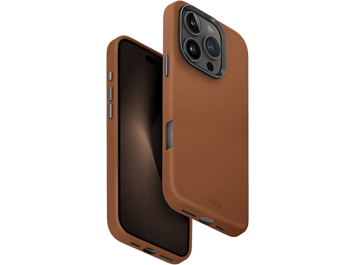 Un étui de téléphone en cuir marron, ouvert pour montrer le téléphone, sur fond noir.
