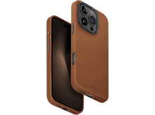 Charger l&#39;image dans la galerie, Un étui de téléphone en cuir marron, ouvert pour montrer le téléphone, sur fond noir.
