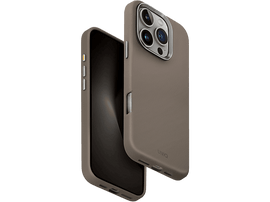 Coque de téléphone avec une texture cuir marron. Un téléphone est dans la coque, un autre en l