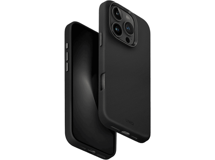 iPhone noir et étui noir. L'étui est ouvert. Fond noir.