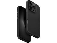 iPhone noir et étui noir. L'étui est ouvert. Fond noir.