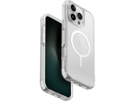 Une coque de téléphone transparente avec un design circulaire blanc sur un téléphone, sur fond noir.