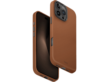 Un étui de téléphone en cuir marron avec le téléphone à l'intérieur, montrant l'écran du téléphone.