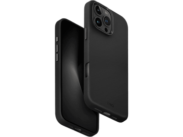 Coque noire pour iPhone avec un téléphone à l'intérieur. La coque est ouverte et l'écran est visible.