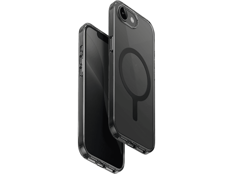 Coque transparente pour iPhone avec anneau MagSafe. Le téléphone est noir. Isolé sur fond noir. Vue latérale.