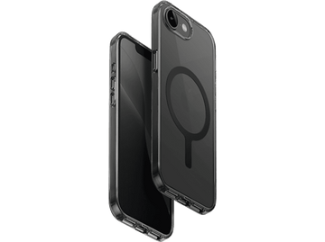 Coque transparente pour iPhone avec anneau MagSafe. Le téléphone est noir. Isolé sur fond noir. Vue latérale.