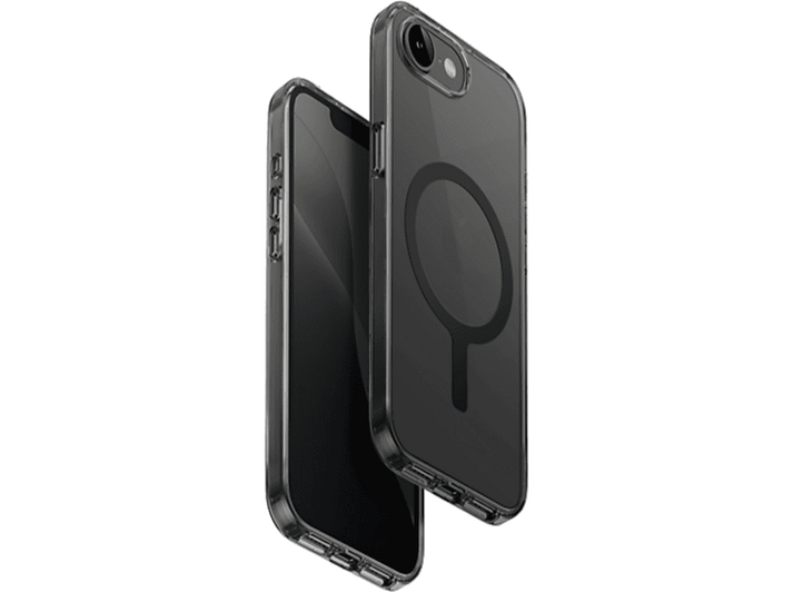 Coque transparente pour iPhone avec anneau MagSafe. Le téléphone est noir. Isolé sur fond noir. Vue latérale.