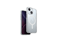 Un téléphone avec un étui scintillant, avec un dos transparent et un cercle blanc à l'arrière.