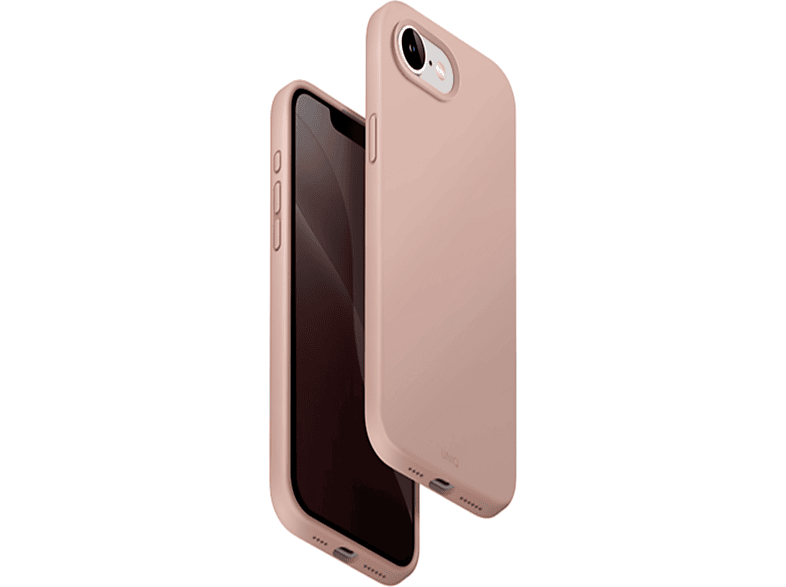 Une coque de téléphone rose à côté d'un téléphone. L'étui est de couleur unie. L'écran du téléphone est visible.