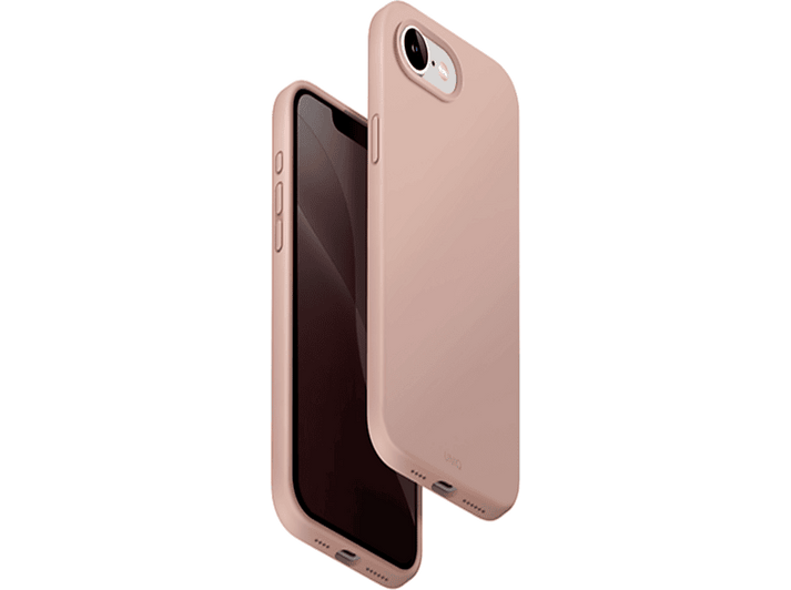 Une coque de téléphone rose à côté d'un téléphone. L'étui est de couleur unie. L'écran du téléphone est visible.