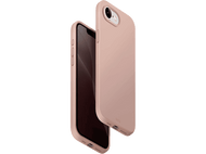 Une coque de téléphone rose à côté d'un téléphone. L'étui est de couleur unie. L'écran du téléphone est visible.