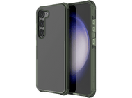 Un smartphone avec un étui vert. L'écran du téléphone affiche un affichage bleu et blanc.