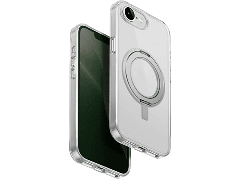 Coque transparente avec anneau argenté au dos, sur un iPhone. L'écran est vert.