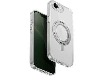 Coque transparente avec anneau argenté au dos, sur un iPhone. L'écran est vert.