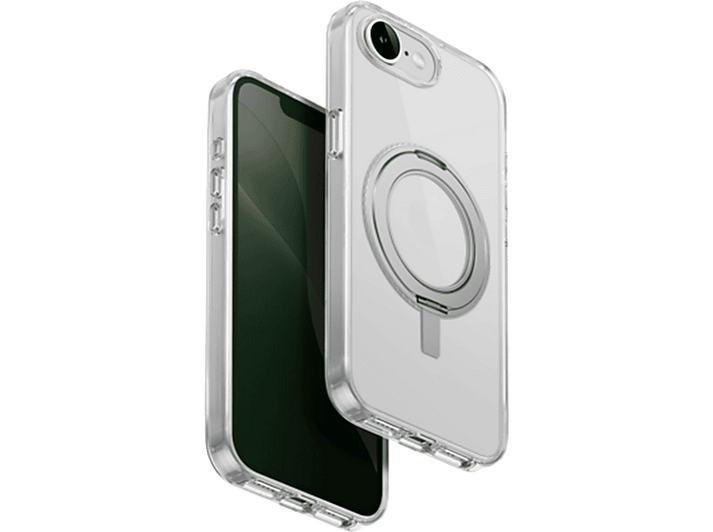 Coque transparente avec anneau argenté au dos, sur un iPhone. L'écran est vert.