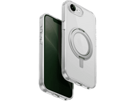 Coque transparente avec anneau argenté au dos, sur un iPhone. L'écran est vert.