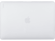 Ordinateur portable blanc fermé avec le logo Apple. Le mot 'UNIQ' est dans le coin supérieur gauche. Fond blanc.