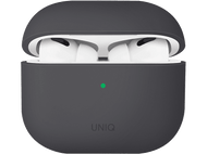 Étui Uniq AirPods gris foncé, ouvert pour montrer des AirPods blancs avec une lumière verte.