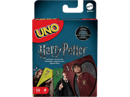 Boîte de jeu de cartes Uno Harry Potter. Des cartes avec des personnages du film sont visibles.