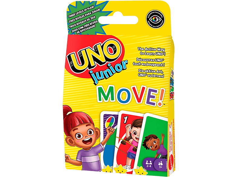 Boîte de jeu de cartes UNO Junior MOVE! jaune. Comprend des illustrations d'enfants et de cartes. Fond noir.