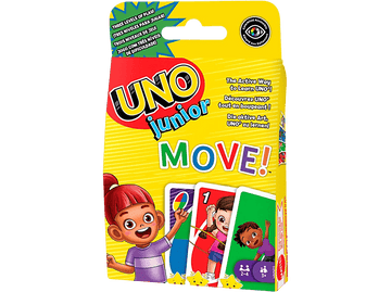 Boîte de jeu de cartes UNO Junior MOVE! jaune. Comprend des illustrations d'enfants et de cartes. Fond noir.