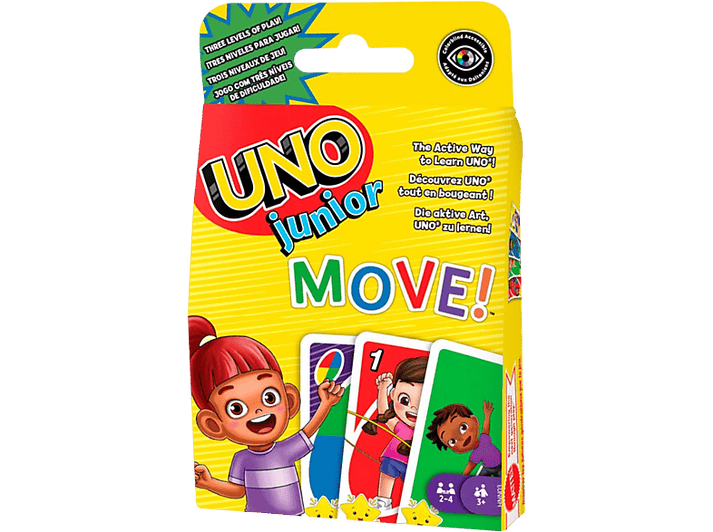 Boîte de jeu de cartes UNO Junior MOVE! jaune. Comprend des illustrations d'enfants et de cartes. Fond noir.