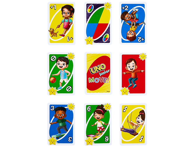Cartes Uno Junior étalées. Plusieurs cartes montrent des enfants et des chiffres. Un symbole d'étoile est utilisé.