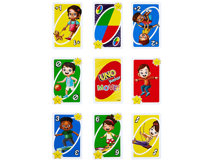 Cartes Uno Junior étalées. Plusieurs cartes montrent des enfants et des chiffres. Un symbole d'étoile est utilisé.