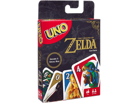 Boîte de jeu de cartes Uno. Thème The Legend of Zelda. Les cartes montrent des personnages et des chiffres.