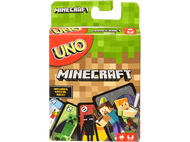 Boîte de jeu de cartes Minecraft UNO. La boîte montre des personnages Minecraft et le logo UNO.