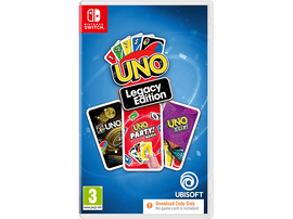 Boîte de jeu Nintendo Switch pour UNO Legacy Edition. Cartes et logo visibles.