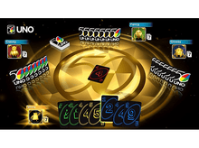 Charger l&#39;image dans la galerie, Jeu UNO 50 en jeu : cartes, fond doré, avec avatars. Les cartes sont en jeu.
