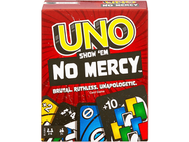 Boîte de jeu de cartes Uno No Mercy sur fond noir. Boîte rouge avec texte jaune et cartes colorées.