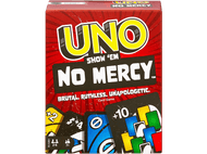Boîte de jeu de cartes Uno No Mercy sur fond noir. Boîte rouge avec texte jaune et cartes colorées.