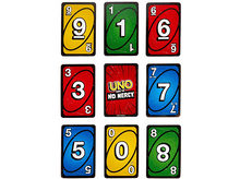 Charger l&#39;image dans la galerie, Neuf cartes Uno : un mélange de couleurs et de chiffres, dont une carte joker.
