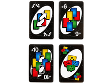 Charger l&#39;image dans la galerie, Quatre cartes Uno avec différentes couleurs et numéros. Les cartes sont en noir et blanc avec des symboles colorés.
