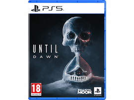 Pochette du jeu "Until Dawn". Avec un crâne dans un sablier et une scène enneigée.