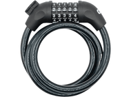 Cadenas de vélo à combinaison noir avec chiffres, câble enroulé et fond sombre.