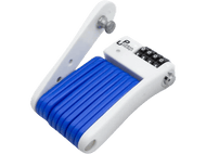 Antivol pliant bleu et blanc avec détails blancs et gris. Fond noir.