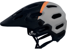 Charger l'image dans la galerie, Un casque de vélo noir et gris avec une bande orange sur fond transparent.
