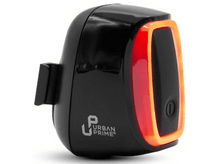 Charger l'image dans la galerie, Un feu arrière de vélo noir avec une section de lumière rouge et le logo de la marque.
