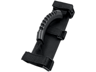 Poignée noire avec sangles. La poignée est pour une voiture, avec sangles et boucles noires.