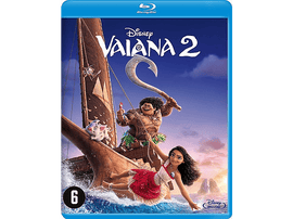 Couverture Blu-ray Vaiana 2. Personnages sur un bateau, fond océanique, ciel bleu.