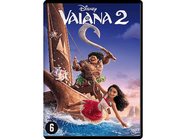 Pochette du DVD de Vaiana 2. Vaiana et Maui sont dans un bateau. Cochon à gauche.
