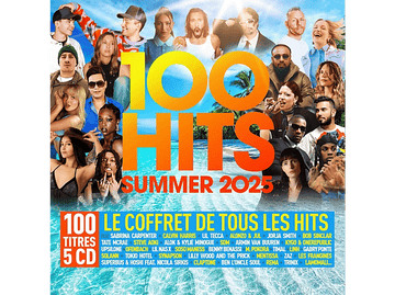 Pochette de l'album 100 Hits Summer 2025 avec de nombreuses personnes et une piscine.