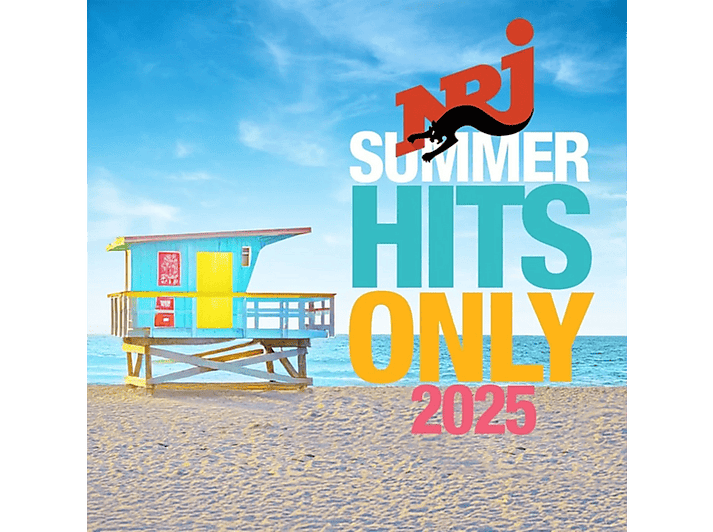 Scène de plage avec poste de sauveteur, logo NRJ, texte 'Summer Hits Only 2025', ciel bleu.